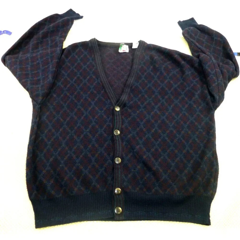 Vtg 90s Florence Tricot‎ Cardigan Sweater Argyle L Patterned Wool Blend Italy